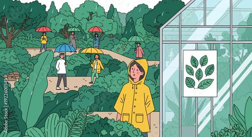 Person in yellow raincoat standing in a lush green garden.