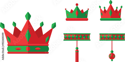 Royal Crown Vector Set with Red and Green King Queen Tiaras and Jewelry Ornaments Isolated on White Background for Heraldic Design
