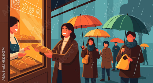 Woman buying fresh bread from a baker in a cozy bakery on a rainy day.