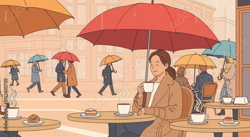 Woman enjoying coffee under a large red umbrella at an outdoor cafe.