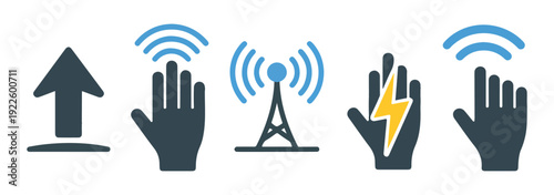 Modern flat icons including signal antenna directional arrow and hand gestures with energy and wireless waves