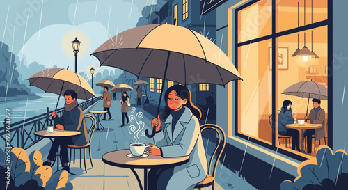 Woman enjoying coffee under an umbrella at an outdoor cafe on a rainy day.