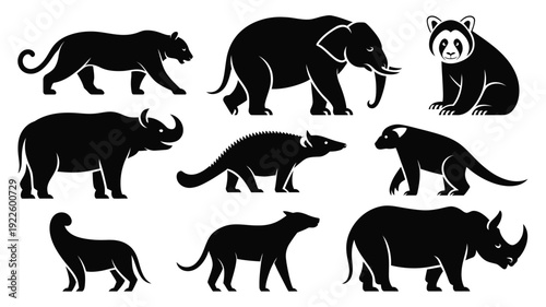 Black silhouettes of various animals in different poses 1