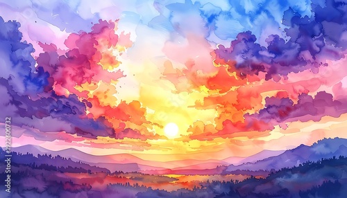 Watercolor landscape of hills under a vibrant sky with sun and vivid, abstract, colorful clouds at sunset
