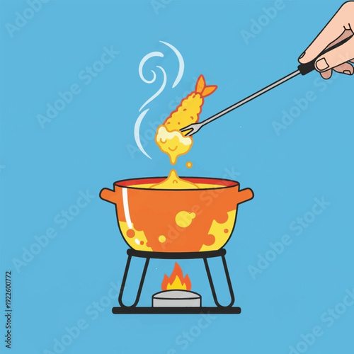 Hand holding fondue fork with fish.