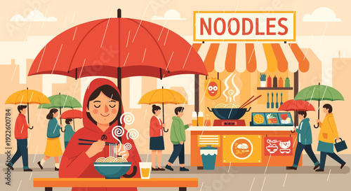 Woman enjoying noodles under a large red umbrella in the rain.