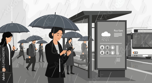 Woman in business attire checking her phone under an umbrella on a rainy day.