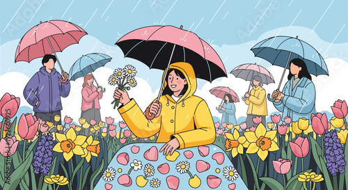 Woman in yellow raincoat holding flowers in a vibrant spring garden.
