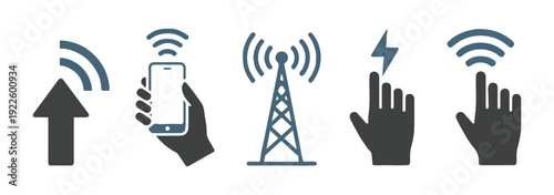 Minimalist blue and gray icons showing signal tower smartphone hand and directional arrow with wireless waves