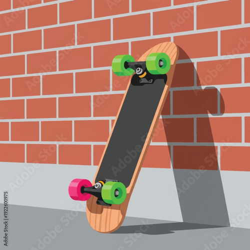Skateboard with green wheels and pink.