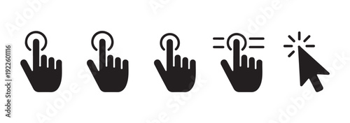 Clicking mouse and hand cursor icons, pointer arrows, user interface symbols for web design elements