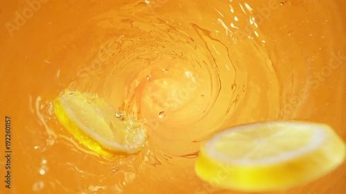 Ice Tea Vortex - Two Slices of Lemon Falling into a Golden Summer Soft Drink from Above in Slow Motion - Top View