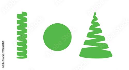 Three unique green abstract shapes, including a spiral, a circle, and a spiral Christmas tree, stand distinctively.
