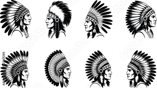 Vintage black ink linocut collection of Native American chiefs featuring traditional feather headdresses in detailed engraving style for cultural design
