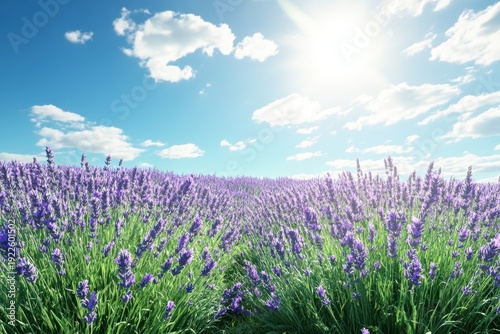 Lavender fields bloom under bright sunlight in a serene blue sky landscape
