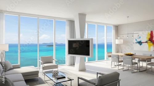 Modern blue furniture living room interior with sofa chairs desk table computer TV luxury apartment design indoor space 4k video