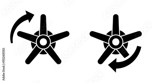 Two illustrations of a five-bladed propeller or fan, each showing a different direction of rotation.