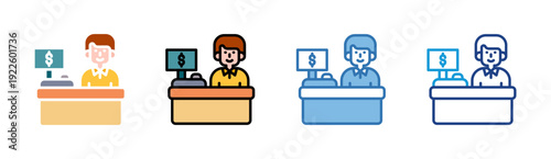 Cashier Desk icon set multiple style collection