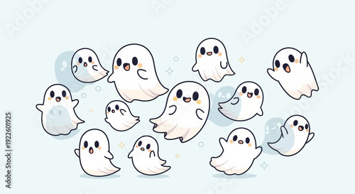 A group of cute, friendly, cartoon-style white ghosts with black eyes and pink mouths floating on a light blue background with sparkles.