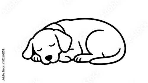 A simple black and white line drawing of a sleeping dog.