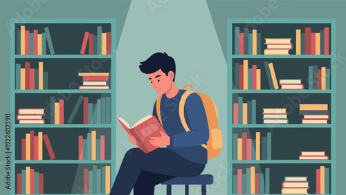 Vector Illustration of Cartoon Man Reading Book on Stool Surrounded by Tall Teal Bookshelves in Study Area