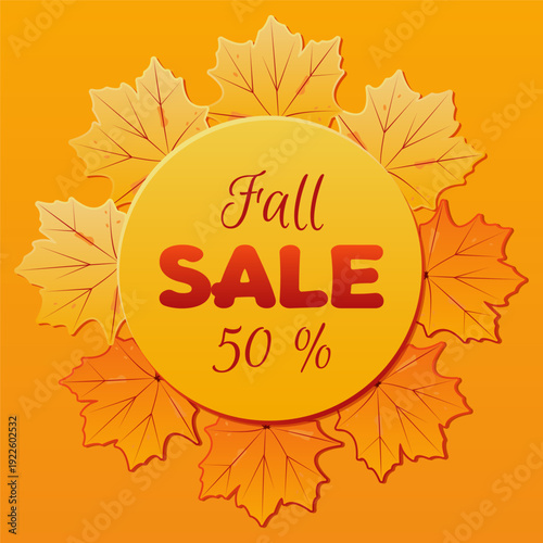 Fall sell banner with 50% discount and autumn maple leaves frame. Vector illustration.