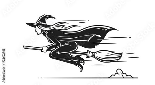 A black and white illustration of a witch flying fast on a broomstick with a flowing cape.
