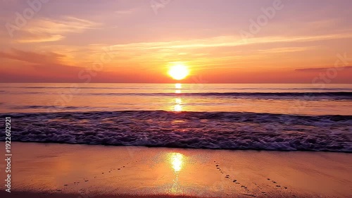 Ocean waves reflect beautiful vibrant orange sunset sky