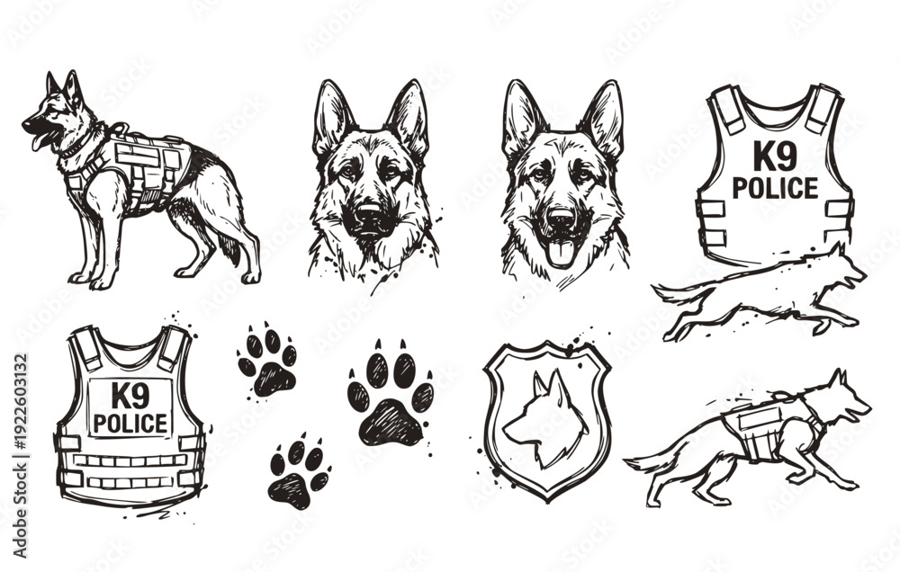 Fototapeta premium Police K9 German Shepherd Dog Bulletproof Vest Illustration Set 8 Chaotic Ink Sketch Law Enforcement-Tactical Gear Canine Vector Set