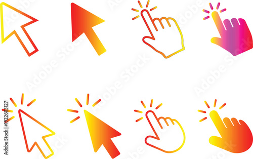 Collection of eight cursor and click icons with gradient colors on white pointer hand