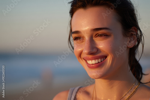 woman stands in soft warm glow of dawn light tear glistening on her cheek