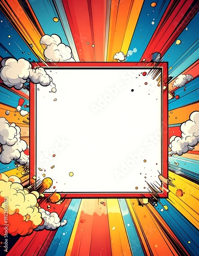Vibrant comic book-style backdrop with a blank square in the center, radiating colors, clouds and splatters