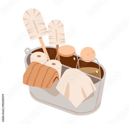 Household Cleaning Supplies Bucket with Tools. Flat illustration of cleaning bucket filled with gloves, cloths, brushes, bottles, and sponges for home housekeeping tasks.
