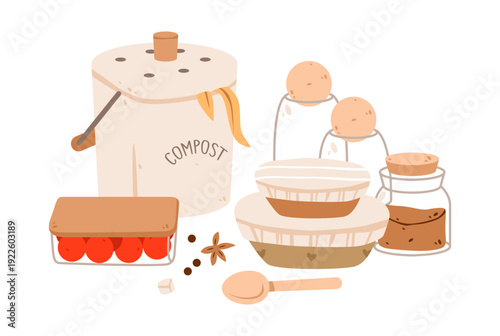 Zero Waste Kitchen and Compost Illustration Set. Eco friendly kitchen illustration featuring compost bin, reusable containers, glass jars, fresh produce, and sustainable zero waste lifestyle items.