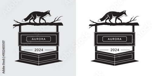 Aurora 2024 Fox on Tree Branch Signage Vintage Illustration