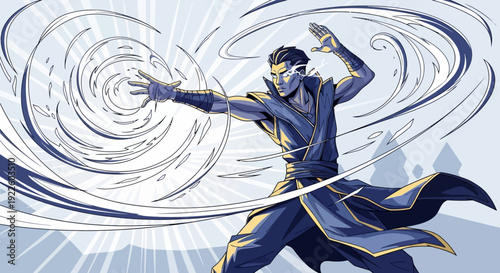 A powerful sorcerer in dark robes conjuring swirling magical energy from his hands with a dynamic pose.