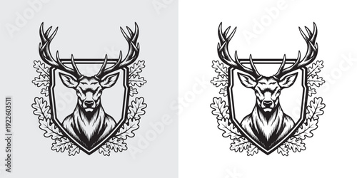 Majestic Stag Deer Head Mascot with Shield and Oak Leaf Wreath