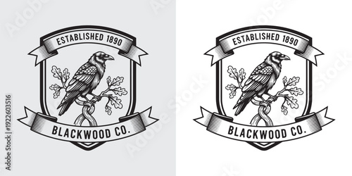 Blackwood Co Raven Crow on Oak Branch Heraldic Shield Logo