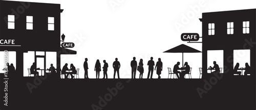 Silhouetted street scene with cafe people and building facades