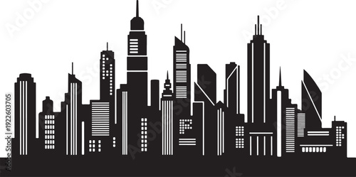 A striking black and white silhouette of a modern city skyline