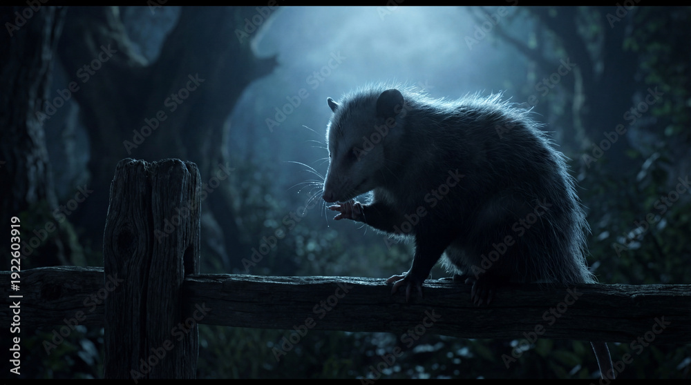 Obraz premium Nighttime wildlife photography of Virginia opossum, perfect for nature documentaries, wildlife conservation articles, or editorial content focused on nocturnal North American fauna