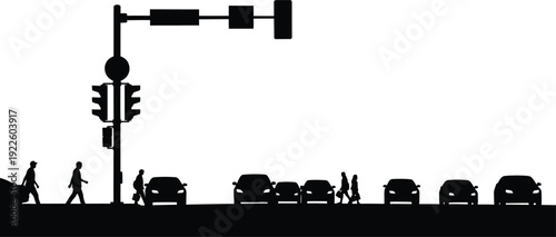 Black silhouette of a city street with traffic and pedestrians