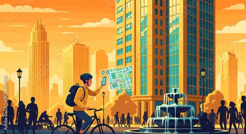 Cyclist checking smartphone for navigation in an urban setting.