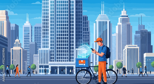 Delivery man on bicycle checking phone for order in urban setting.