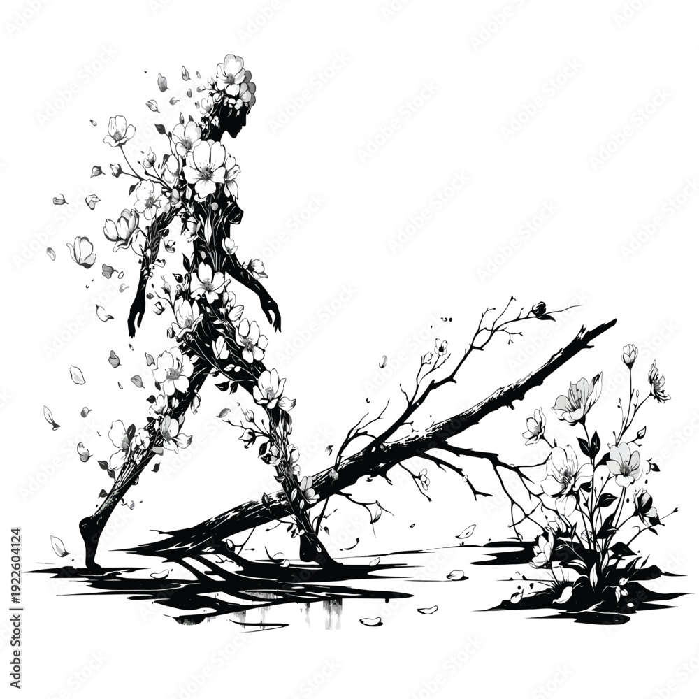 Fototapeta premium Black silhouettes of a man and woman stand framed by a grunge nature design featuring ink splatter textures and floral branch elements on a stained vector art background