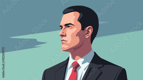 Vector Illustration of Confident Business Professional in Suit Facing Left on Two-Toned Blue-Green Background
