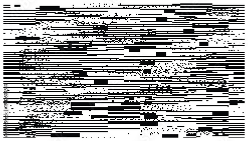 Abstract black and white pixel art pattern, horizontal lines and scattered dots
