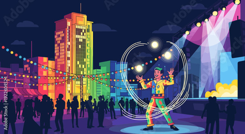 Juggler performing with glowing balls at a vibrant night festival.