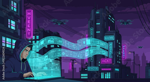 Hacker working on laptop in a futuristic city.