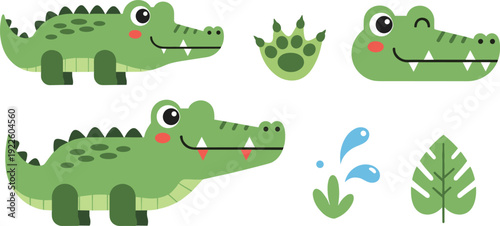 Cute Crocodile Cartoon Character Vector Set with Green Alligator Icons Water Splashes and Tropical Leaf Isolated on White Background